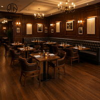 Ensemble de restaurant Ron Group, banquette en cuir capitonnée en forme de L, table carrée en bois, chaise ergonomique, mobilier personnalisé