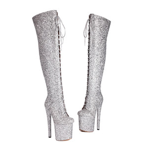 Botas largas de moda para club nocturno, zapatos de plataforma con cordones en la parte superior con purpurina, botas altas hasta el muslo occidentales para niñas - Product Image 3