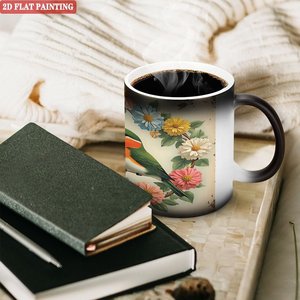 Taza de Cerámica Negra Esmerilada de 11 oz para Sublimación, Taza que Cambia de Color con Diseño de Pájaros y Flores - Product Image 3