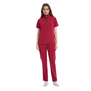 Custom Women Stand Collar Zipper Medical Scrubs <b>Set</b> Stretch Nursing Uniform Hospital Workwear Short Sleeve <b>Doctor</b> Top Pants - Product Image 1