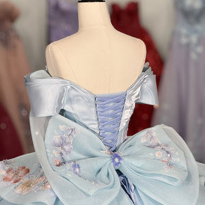 Vestido de Quinceañera Jancember 6936 Azul, Estilo Baile de Gala, Hombros Descubiertos, Bordado Floral Multicolor, Peplum - Product Image 6