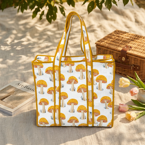 Water Resistant Quilted Cotton Tote <b>Bag</b> Mushroom Print <b>Foldable</b> Design Zipper Closure-Vintage Style Large Capacity for <b>Beach</b> - Product Image 6