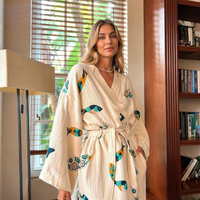 Peignoir de luxe personnalisé en coton imprimé avec ourlet à pompons, respirant, à manches longues, pour femme, idéal pour la maison, la plage, les vacances ou comme cadeau