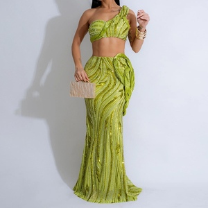 Women's <b>Sequins</b> Sleeveless One Shoulder Short <b>Top</b> Sexy Wrap Hip Half Body Skirt Sexy 2 Piece Set Fashion - Product Image 2