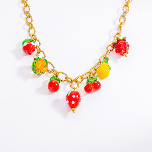 Fruit Pearl Necklace <b>Titanium</b> Steel Clavicle <b>Chain</b> With Strawberry Cherry Peach Pendant Everyday Wear Jewelry XL31429 - Product Image 5
