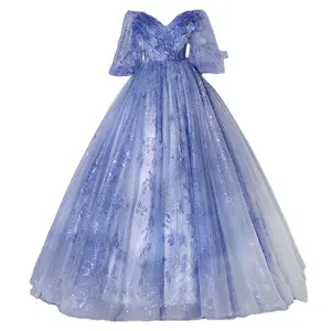 우아한 드레스 여성 이브닝 스모그 블루 오프 숄더 멀티 레이어 레이스 블링 스팽글 볼 가운 웨딩 드레스 신부 드레스