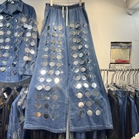 Ensemble haut chemise en jean à sequins épais et pantalon large perlé amincissant, style mode européenne haut de gamme, collection printemps