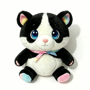 Customized Soft Fluffy Pastel Rainbow Accent Kitty Plushie, Cute Sitting Tuxedo <b>Cat</b> Stuffed Doll with Pink Blue Gradient Paw Pad - Product Image 3