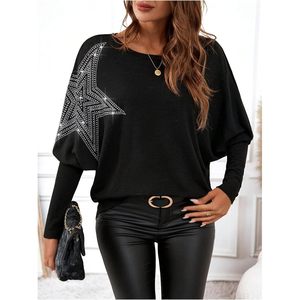 Pull en maille à manches longues pour femme, personnalisé, avec strass, col rond, décontracté, pour le printemps et l'automne, noir, taille plus, pull doux - Product Image 5