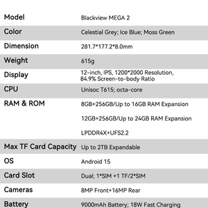 แท็บเล็ตพีซี Android 15 ขนาด 12 นิ้ว หน้าจอ 1200*2000 ชิปประมวลผล T616 รุ่นล่าสุด แบตเตอรี่ 9000mAh หน่วยความจำ 12+256GB กล้อง 8+16MP Blackview TAB Blackview Mega 2 - Product Image 5