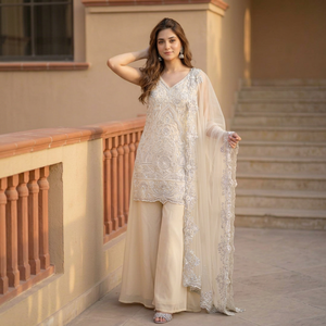 Conjunto de Salwar Kameez de Georgette Color Marfil con Bordado para Mujer, con Dupatta, Corte Regular, Traje Tradicional, Interior de Microfibra de Algodón de Secado Rápido - Product Image 1
