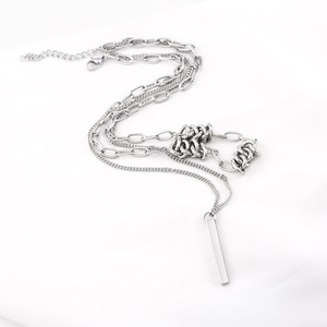 Minimalist Punk Style <b>Titanium</b> Steel Spliced <b>Chain</b> Double Layer Rectangular Pendant Necklace Unisex Daily Wear Geometric Design - Product Image 2