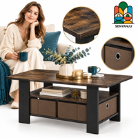 Table basse avec rangements, bacs en tissu, finition bois grainé, style industriel, rectangulaire, 2 niveaux, table basse de style farmhouse