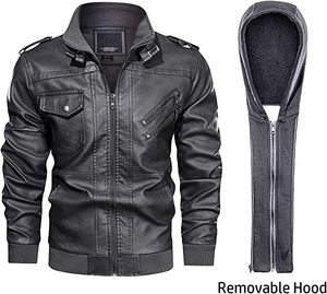 Vintage Men's Customize Faux Leather <b>Jacket</b> Winter Motorcycle Biker Cafe <b>Racer</b> <b>Jacket</b> with Fleece Removable Hood OEM Wholesaler - Product Image 5