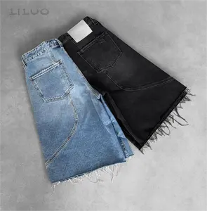 Custom Streetwear Raw Hem Oversized Loose Denim Shorts Y2k Washed Distressed Jean Shorts Vintage Man Jeans Shorts