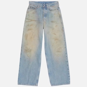 Regular Fit High Waist Straight Breathable Casual Denim <b>Jeans</b> with Embroidery Hole Detail Light Wash and Cartoon Pattern - Product Image 1