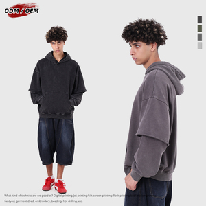 Sudadera con capucha de algodón pesado de 430 g/m² para hombre, estilo vintage, con estampado digital 3D, efecto de dos piezas y bajo sin rematar - Product Image 3