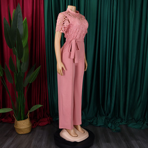 D509 Ultimo Modello di <span class=keywords><strong>Tuta</strong></span> Sexy in <span class=keywords><strong>Pizzo</strong></span> per Donne, Maniche Corte Traforate, Vita Alta con Lacci, Gamba Larga - Product Image 4