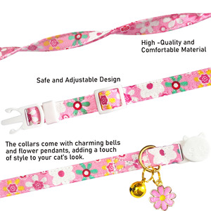 <span class=keywords><strong>Collar</strong></span> de Gato de Algodón con Hebilla de Seguridad, <span class=keywords><strong>Collar</strong></span> de Gatito Rosa Floral con Colgante de Flor y Campana, Lindos Collares para Gatitas - Product Image 4