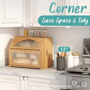 Bamboo Bread Storage Box 16.4x7.5x6.5 Inches Double Layer With Transparent Lid For <b>Kitchen</b> Countertop - Product Image 4