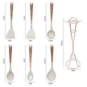 7 Pieces Cooking <b>Tool</b> Set Wood Grain Handle <b>Silicone</b> Kitchen Utensil Set with Rose Gold Storage Rack - Product Image 3