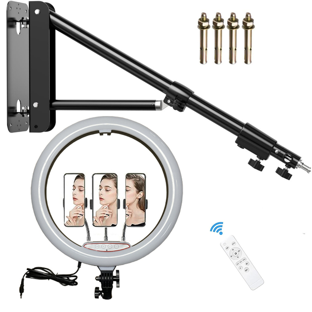 Wall Mount 18 Ring LED Ceiling Salon Lights Hairdresser Boom Arm with Boom Arm for Phone Video Lamp & Selfie in Studio Use