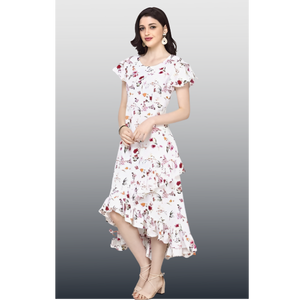 Robe d'été décontractée et respirante à volants asymétriques et manches évasées en crêpe doux et léger pour femme UNITY LUXURE - Product Image 3