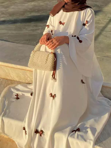 Robe abaya modeste et modeste pour femmes avec décor de nœud Manches évasées Coupe ample Taille unique Polyester Inspiré par le Moyen-Orient Robe de Dubaï - Product Image 2