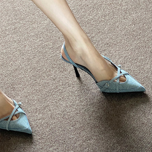 Nouvelles sandales en jean bleu à talon aiguille et bout couvert pour femme – Vente en gros usine - Product Image 1