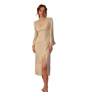 New fashion summer sleepwear lady's long sleeve high split long nightdress elegant silk nightgown Q2956