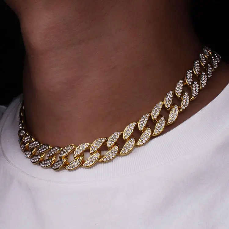 Drop shipping diamond cuban link chain necklace Full Iced Out Rhinestones Bling Bling Hiphop Jewelry