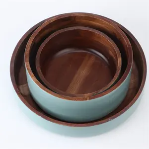 Food Service tools Customized Sustainable Round Mixing Bowls Acacia Wooden Salad Coconut and Spoon Set Nature Wood Serving Bowl