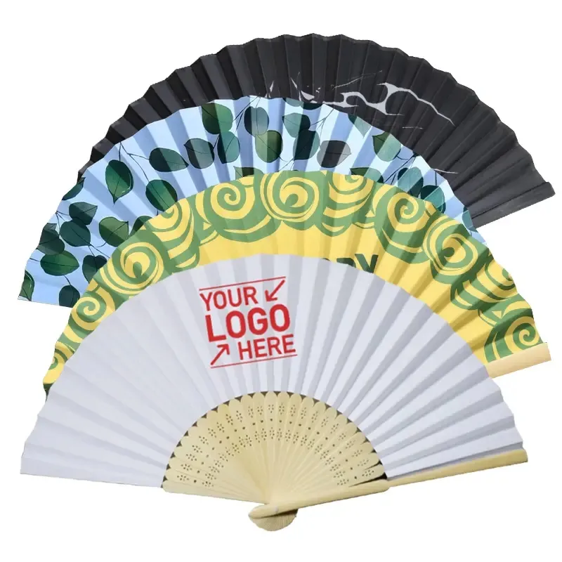 Kişiselleştirilmiş el düzenlenen bambu Fan kumaş özel baskılı katlanır el Fan kağıt yelpaze