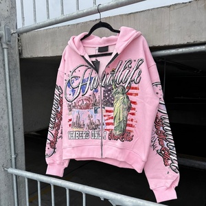 100% Cotton Lined Autumn Full Print Graphic French Terry Streetwear Acid Washed Oversize Baggy <strong>Zip</strong> <strong>Hooded</strong> Cropped Hoodie - Product Image 3