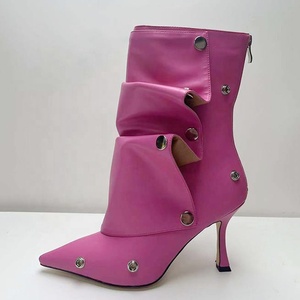 Metal Rivets Loose Pleated Upper Shoes Thin High Heels Pointed Toe Denim Ankle Boots Women's Wide Fit Short <b>Booties</b> - Product Image 1