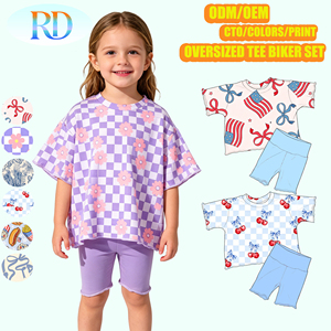 Conjunto de 2 Piezas para Niñas con Estampado Floral y Cuadros, Camiseta de Cuello Redondo y Manga Corta y Pantalones Cortos Deportivos Lisos, <span class=keywords><strong>Ropa</strong></span> Casual de Verano OEM - Product Image 1