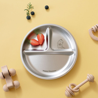 Assiette à dîner pour enfants avec motif d'animaux mignons, 3 compartiments, en acier inoxydable 304, assiette ronde pour enfants et bébés