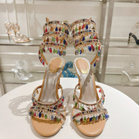 Sandales à talons aiguilles et pompon en cristal multicolore, style serpent entrelacé, idéales pour les soirées et