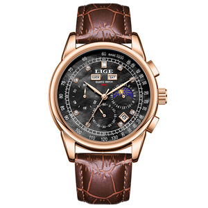 Montre à quartz étanche pour homme, populaire, avec double calendrier, diamants, phases de lune et bracelet en cuir - Product Image 5