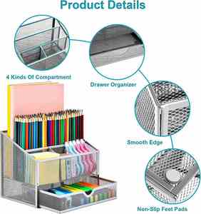 Organizador de Escritorio Metálico con Recubrimiento en Polvo, 4 Compartimentos, para Accesorios de Oficina y Papelería - Product Image 3