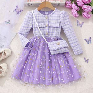 Vestido de malla con estrellas y mangas largas para niñas, estilo nuevo, con bolso pequeño - Product Image 1