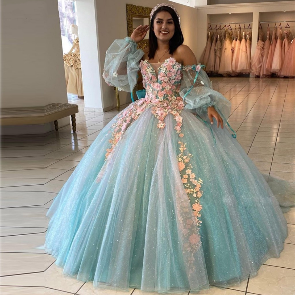 QD1552 Ice Blue Ball Gown Quinceanera Dresses off Shoulder QD1552 Ice Blue Ball Gown Quinceanera Dresses off Shoulder