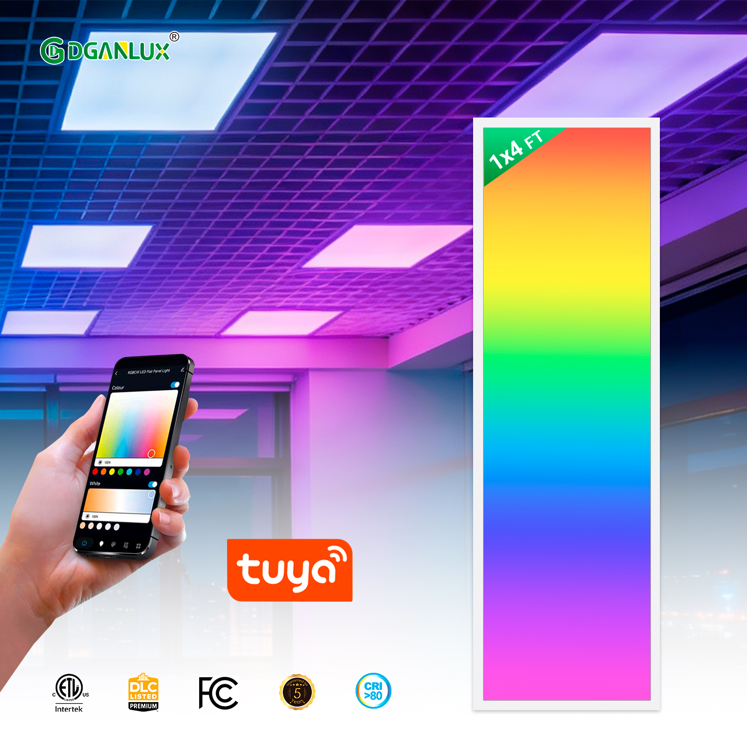 Smart RGBCW LED Panel Light 1x4 Tuya WiFi 5CCT Dimmable Ceiling Lamp 40W+12W RGB+CCT Backlit ETL Certified Office Hospital
