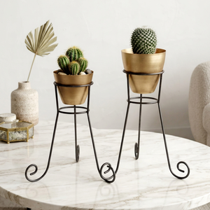 Jardinières modernes en métal doré avec supports en fil noir, lot de 2 pots de fleurs décoratifs pour salon, bureau, chambre - Product Image 1