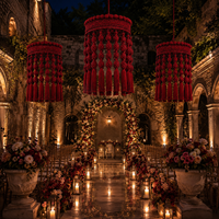 Décoration de plafond de mariage en macramé noué avec des fleurs artificielles pour réception en tente extérieure, lustre bordeaux