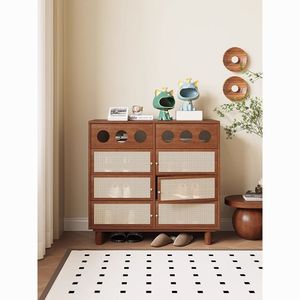 Retro Solid Wood Shoe Cabinet With Rattan <b>Drawers</b> Double Doors Entryway Storage For <b>Small</b> Homes - Product Image 4