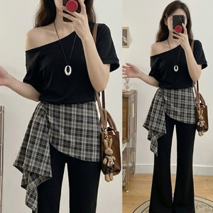 Korean Style Off Shoulder Two Piece Set Black Short Sleeve Plaid Splicing Summer Casual Women's Loose Fit Suit FQ 610 - Product Image 2