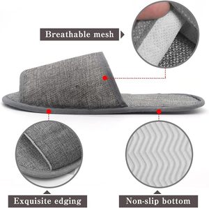 Chaussons jetables biodégradables gris à bout ouvert en coton et lin, écologiques, modernes, de luxe, avec logo personnalisé pour spa et hôtel - Product Image 3