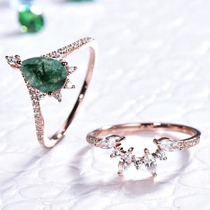 Ensemble de bagues de mariage en agate verte unique pour femmes, inspiré de la nature, feuille de mousse d'agate, émeraude, agate aquatique - Product Image 5