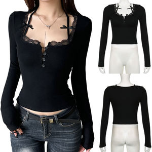 Pull-over femme automne 2025 - Blouse à col carré boutonné, patchwork, dentelle, manches longues, coupe slim, respirant, t-shirt - Product Image 1